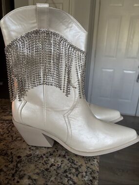 Billini White Western Fringe Rhinestone Combat Boots